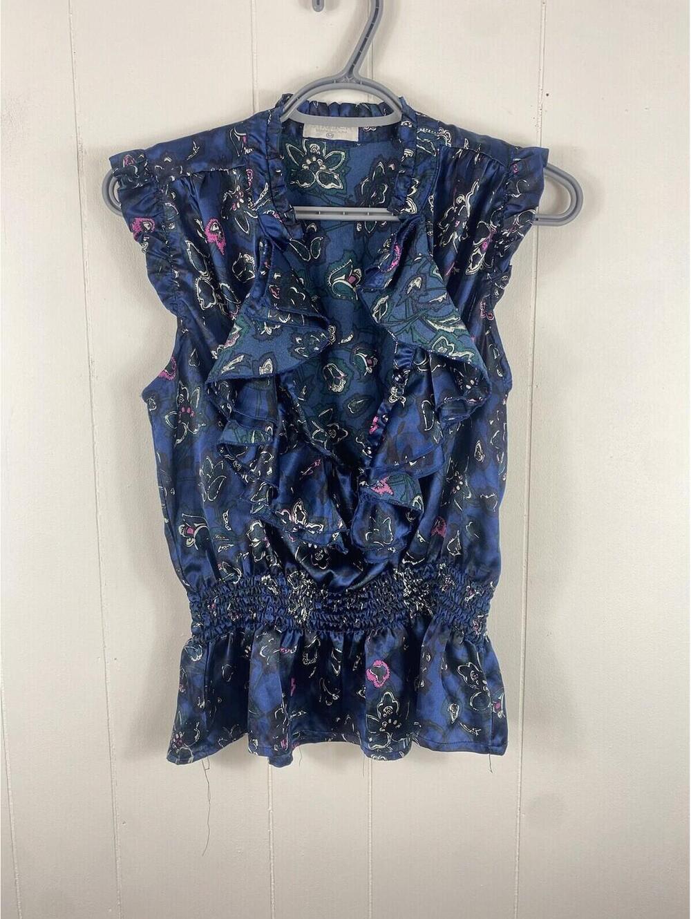 STRETCH Navy Paisley Print Ruffle Y2K Boho Top M Fairy Whimsigoth Gypsy Sexy